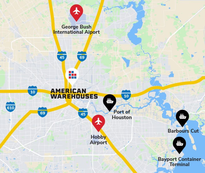 Map illustrating where American Warehouses is located in proximity to major ports and highways